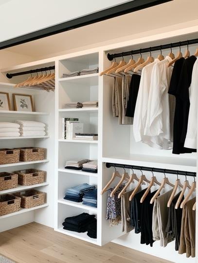 A white closet with organized shelving