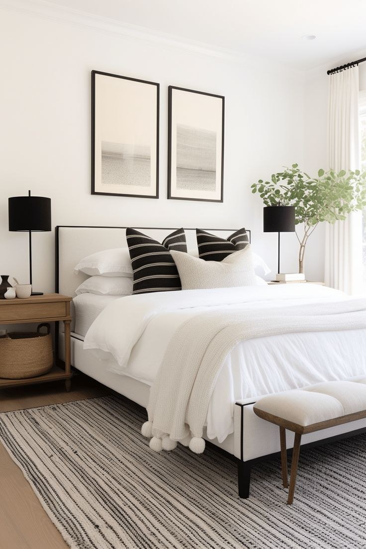 A calm, styled bedroom in warm neutrals