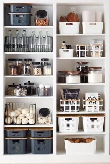 Organized shelving with labeled bins